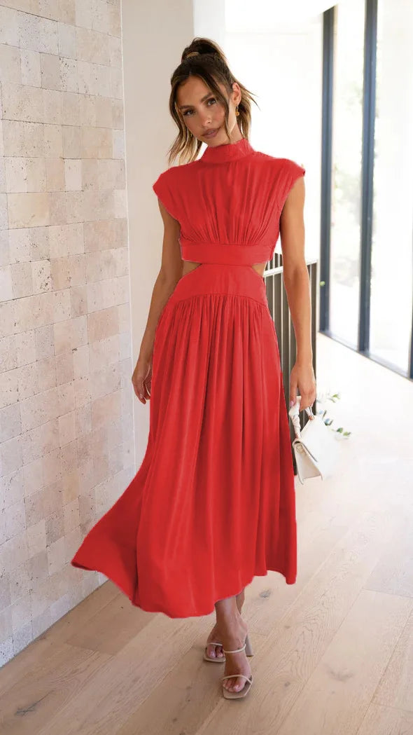 0  Stand-up collar macaron waist-baring long dress