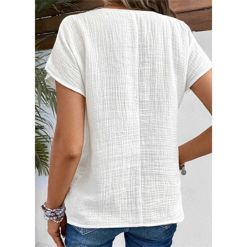 Solid Short Sleeve Cardigan Button Women's Top