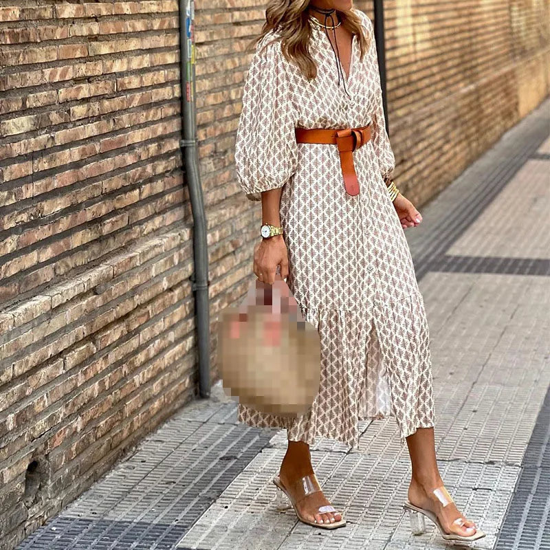 Belt Print V-Neck Simple Long Dress