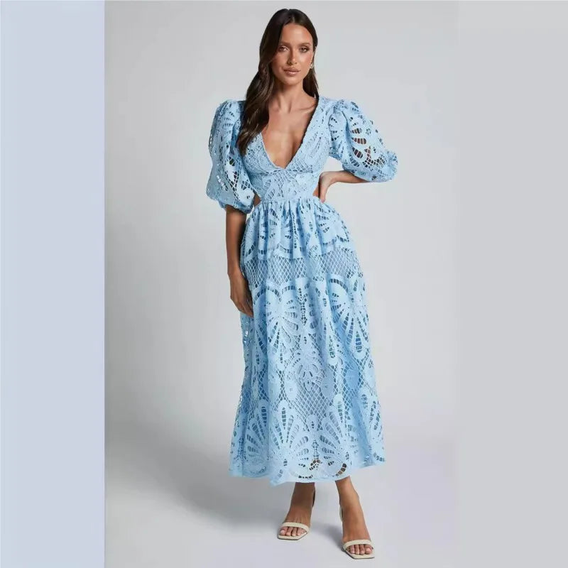 Cutout lace embroidery sexy waist-baring dress