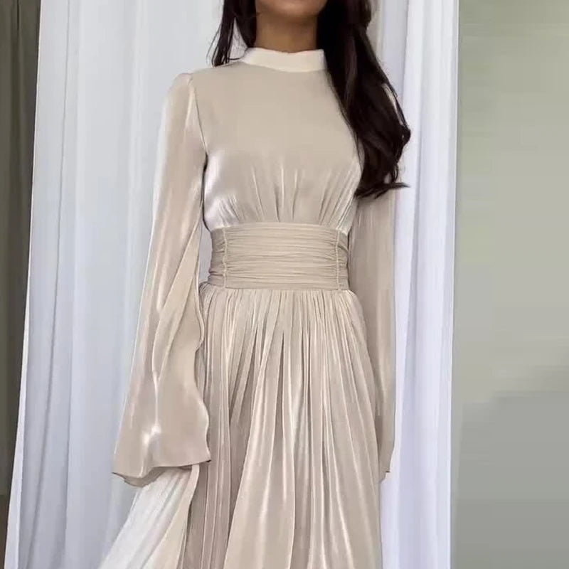 Round neck waist pleated light luxury temperament dress