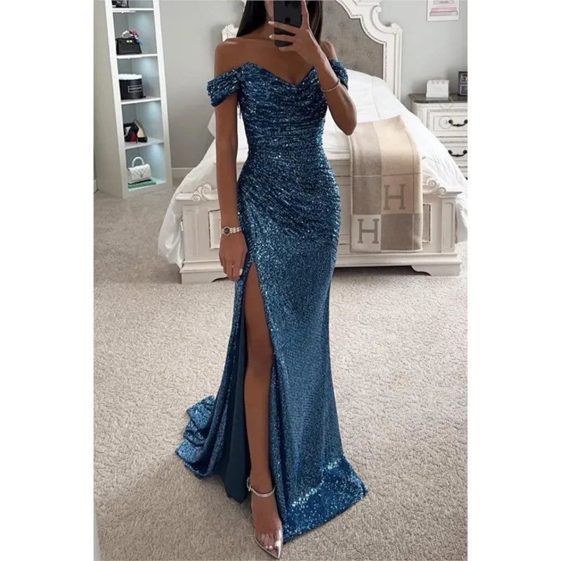 Sexy polyester ball gown with subtle shimmer and a high slit