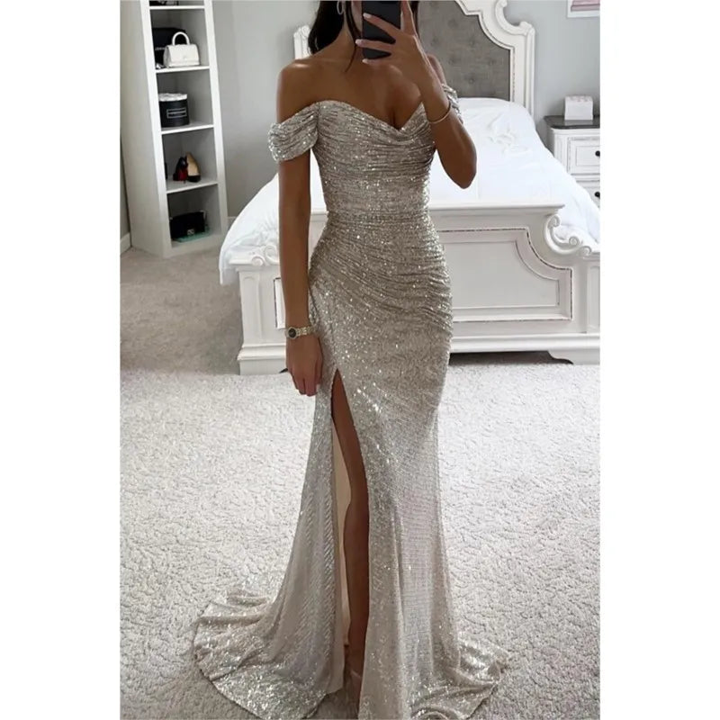Sexy polyester ball gown with subtle shimmer and a high slit