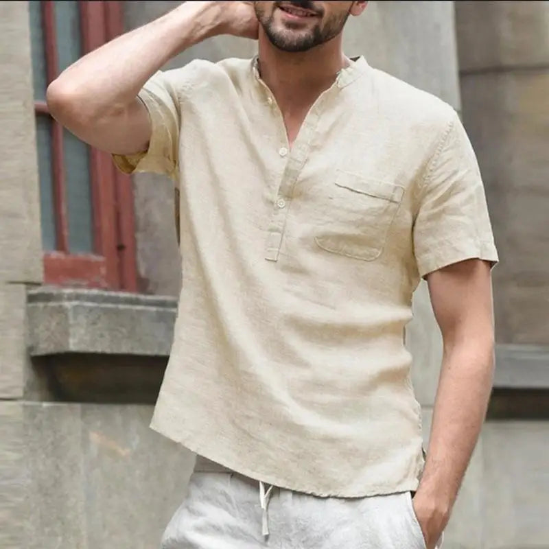 Cotton Linen Short Sleeve Men's T Shirt Stand Collar