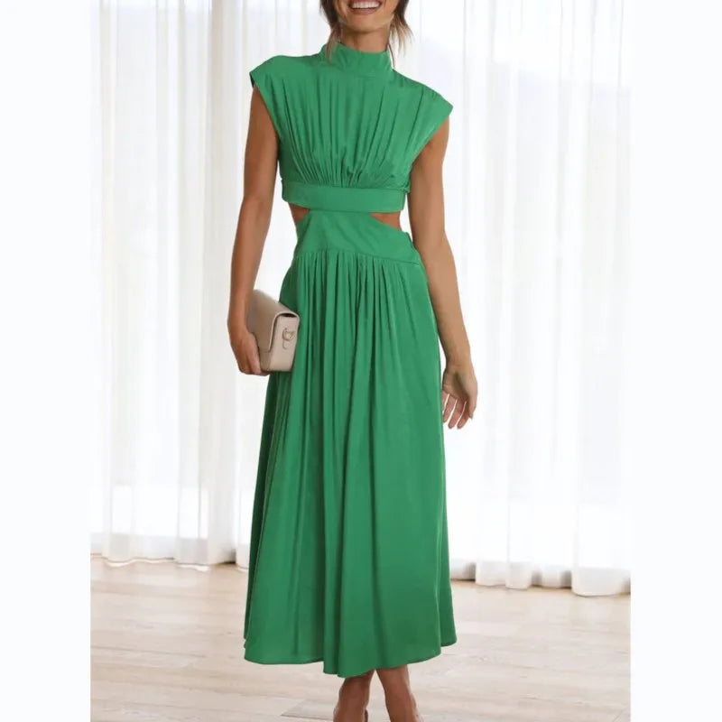 0  Stand-up collar macaron waist-baring long dress