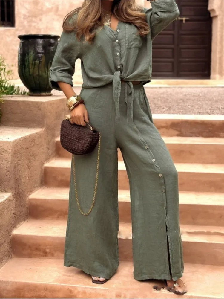 Cotton Linen Casual Cardigan Long Sleeve Button Wide Leg Pants 2 Piece Set