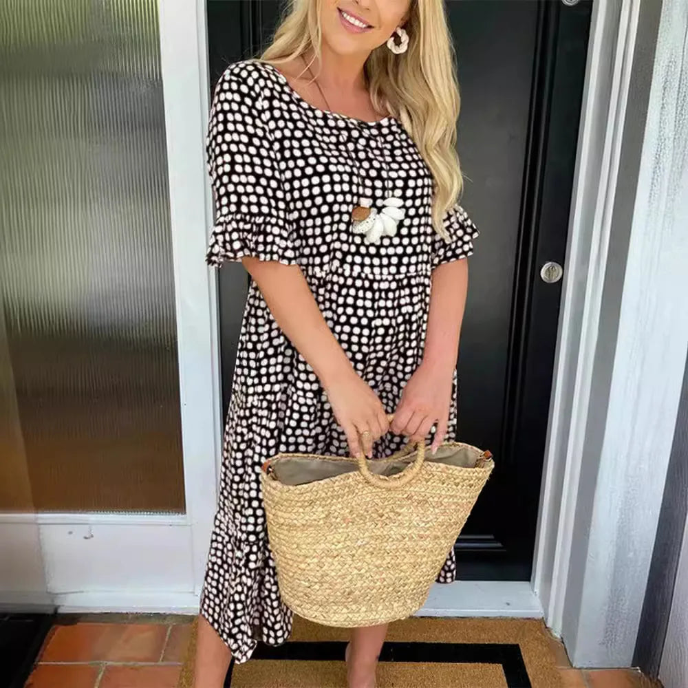 Round neck printed short-sleeved dress