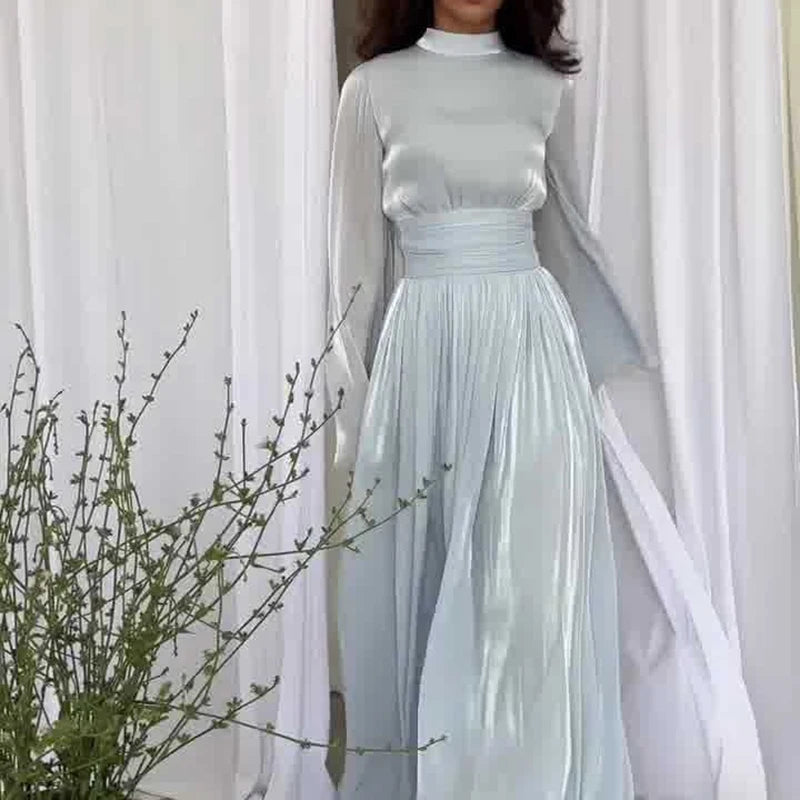 Round neck waist pleated light luxury temperament dress