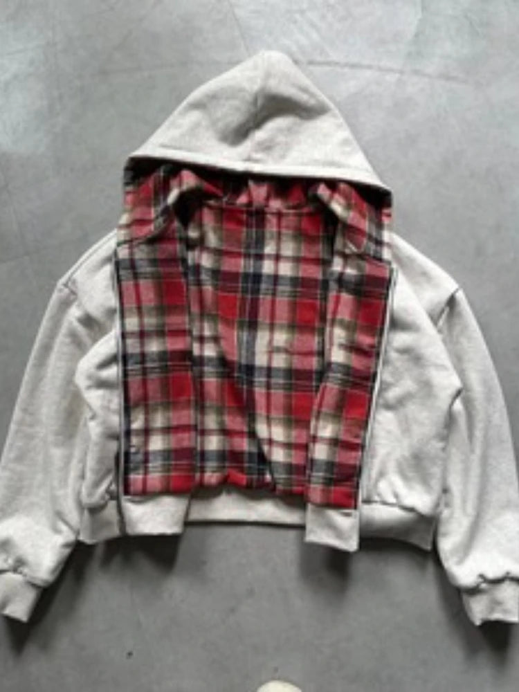 Hooded zippered plaid reversible sweatshirt