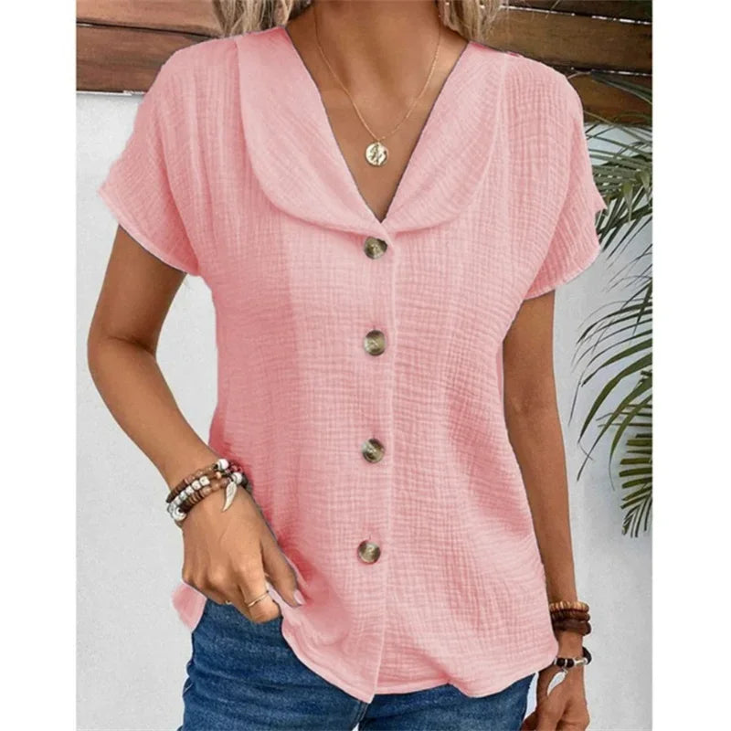 Solid Short Sleeve Cardigan Button Women's Top